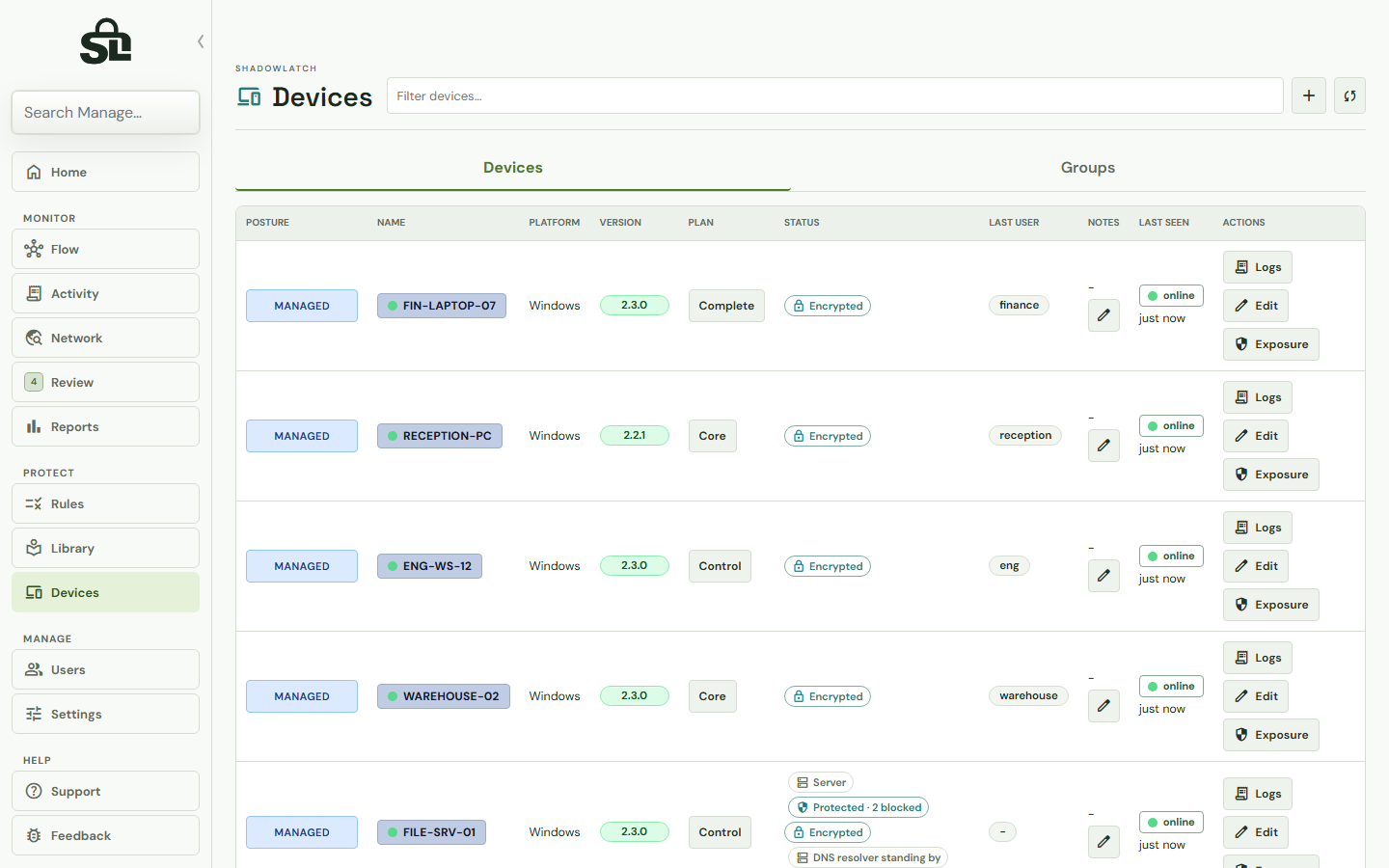 ShadowLatch Devices page with example data