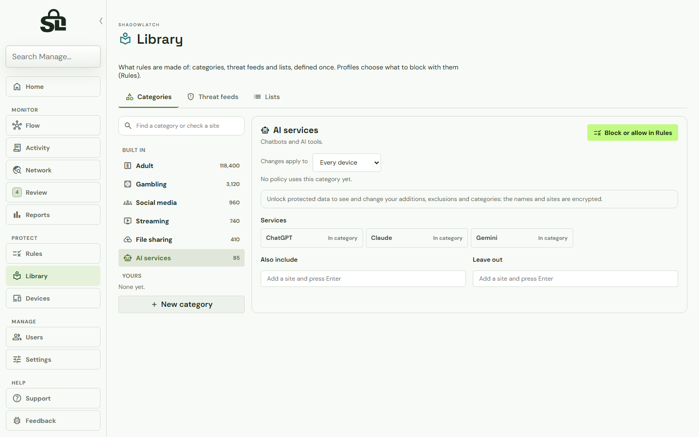 ShadowLatch Library page with example data