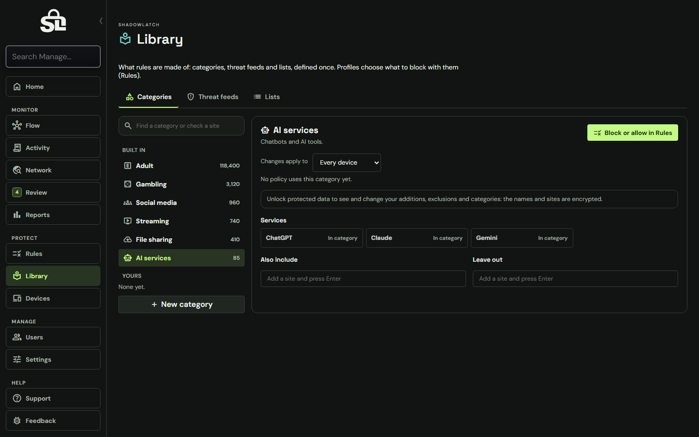 ShadowLatch Library page with example data