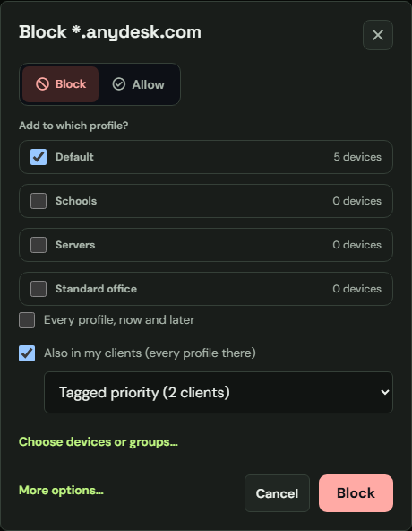 ShadowLatch Blocking across clients for an IT provider, with example clients