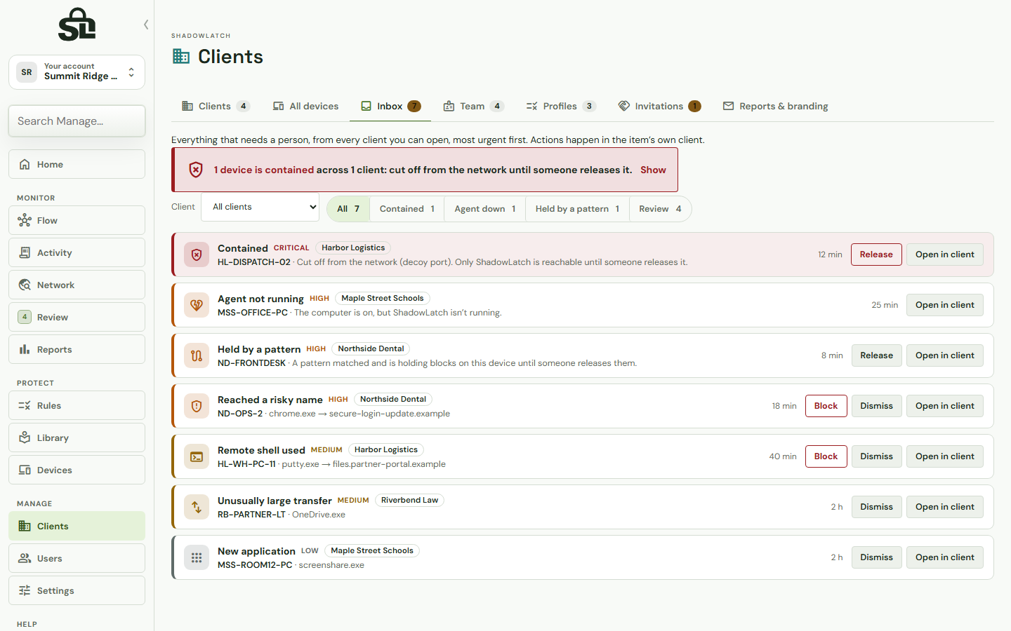 ShadowLatch Inbox for an IT provider, with example clients