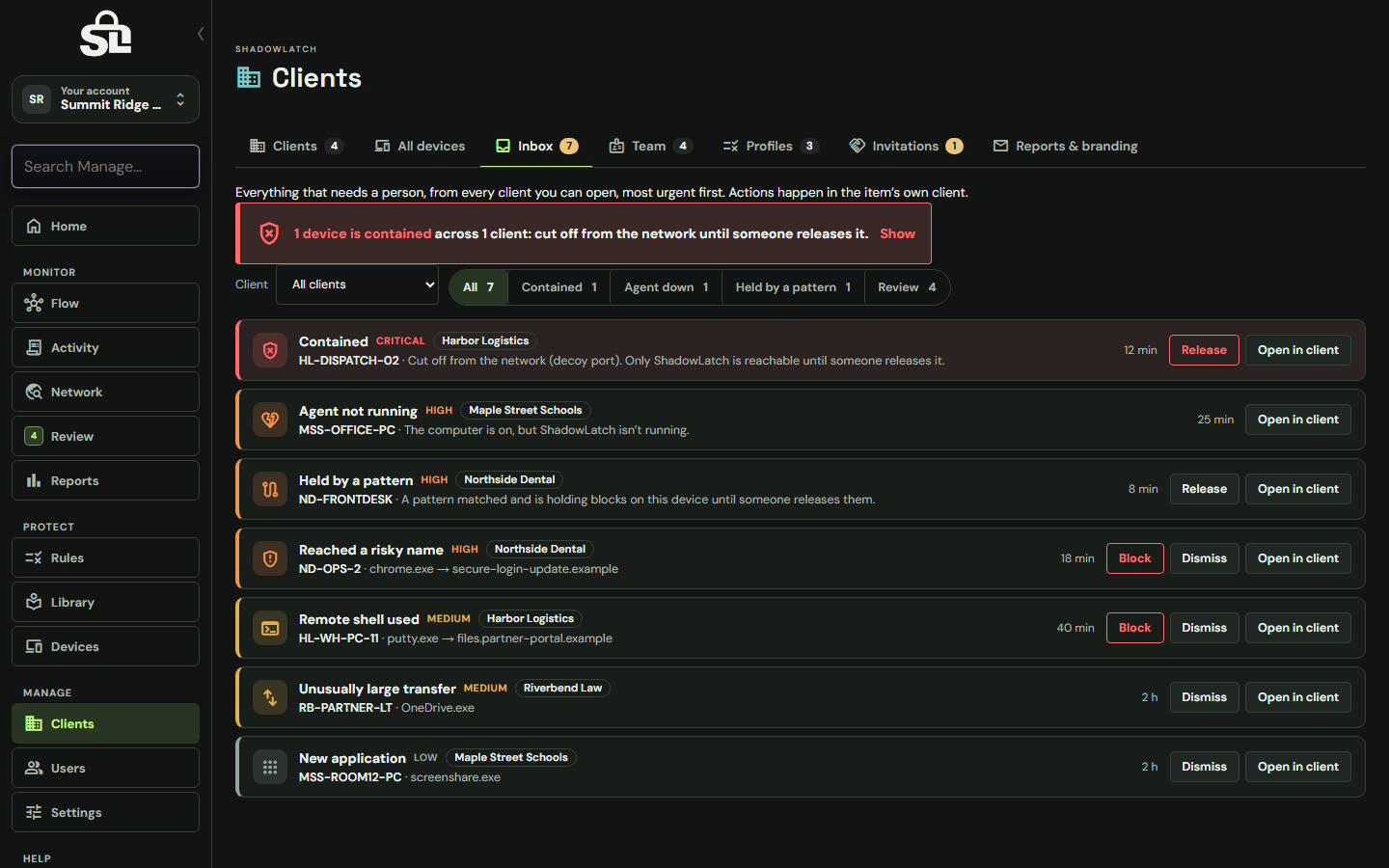 ShadowLatch Inbox for an IT provider, with example clients