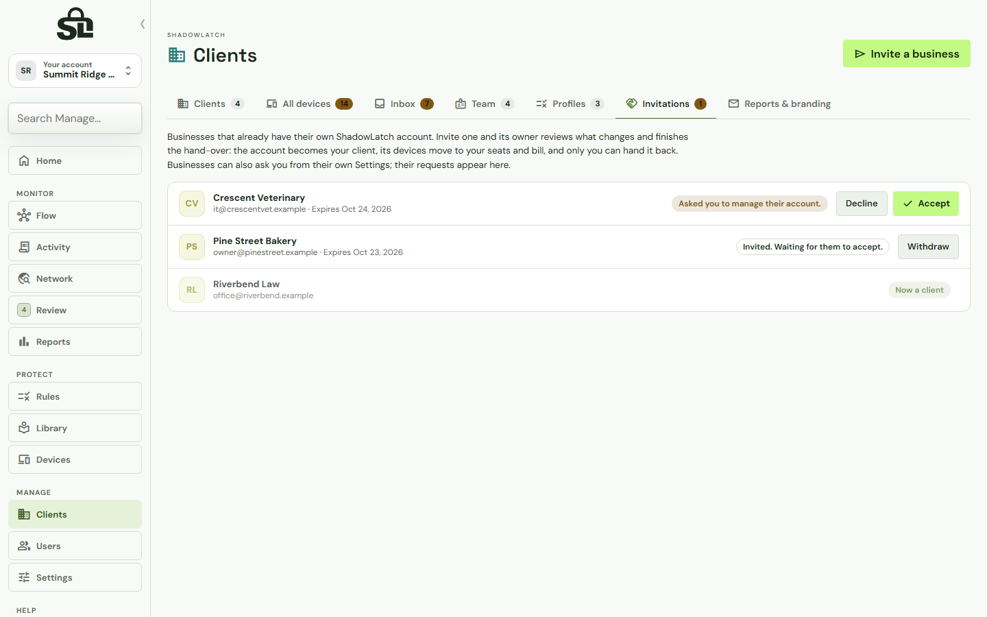 ShadowLatch Existing customers for an IT provider, with example clients