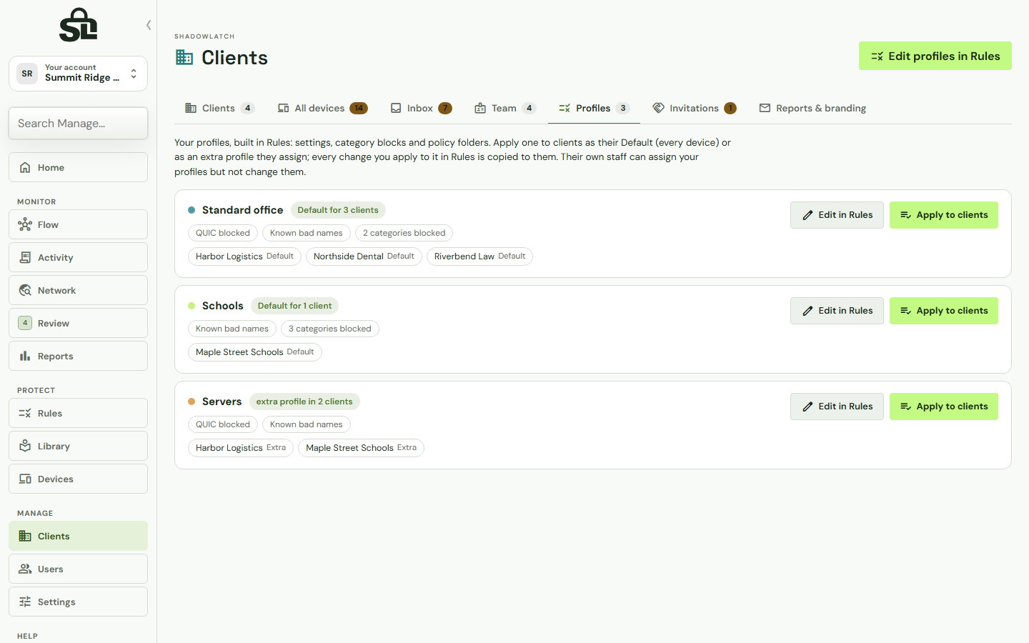 ShadowLatch Profiles for an IT provider, with example clients