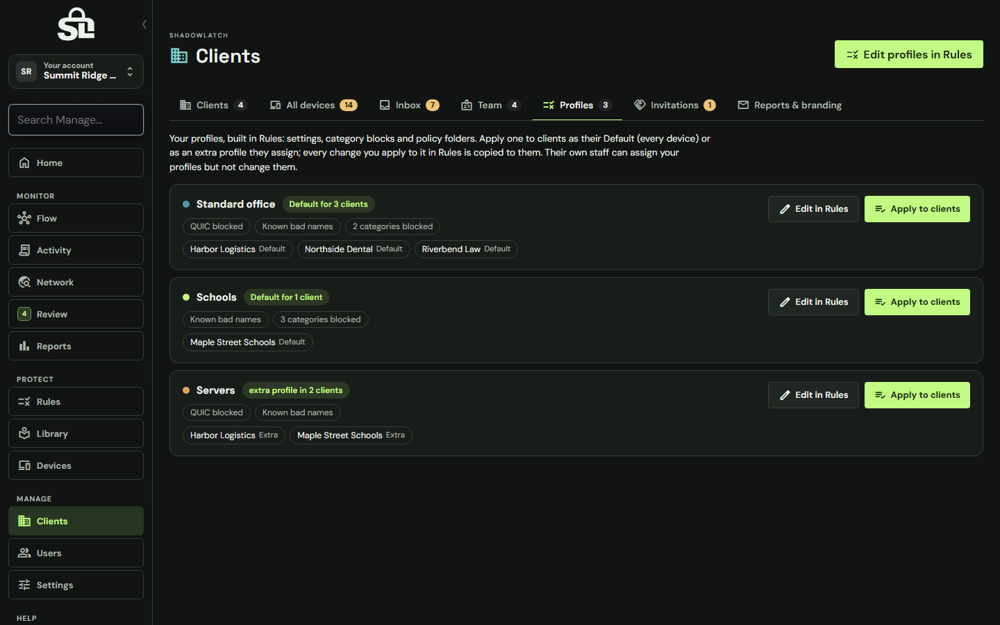 ShadowLatch Profiles for an IT provider, with example clients