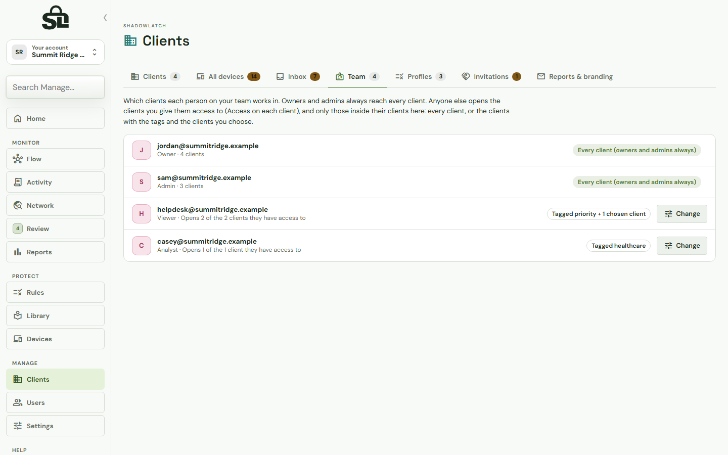 ShadowLatch Tags and teams for an IT provider, with example clients