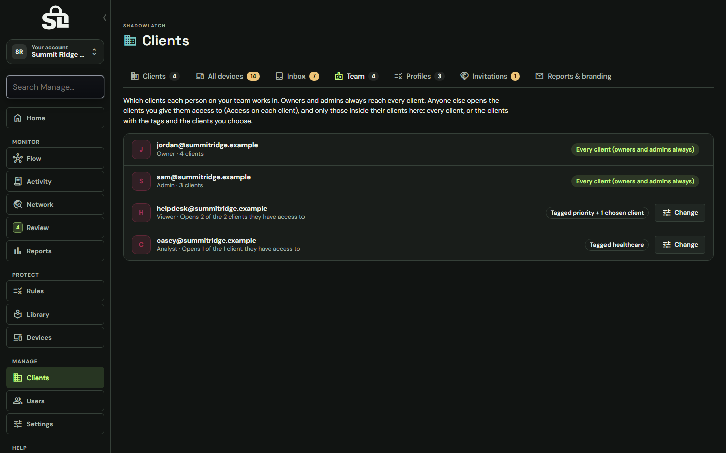 ShadowLatch Tags and teams for an IT provider, with example clients
