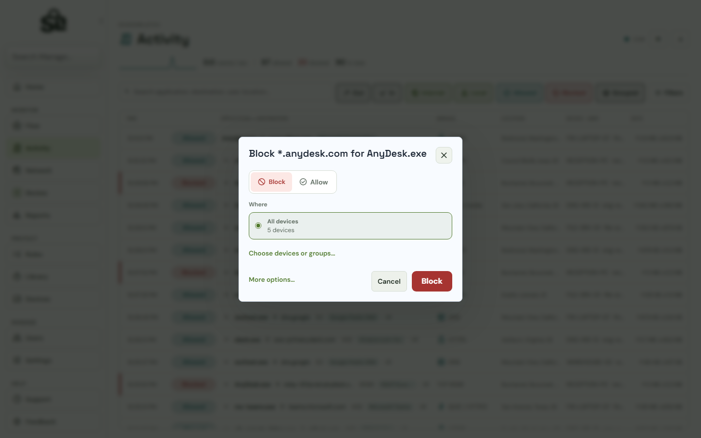 ShadowLatch Policies page with example data