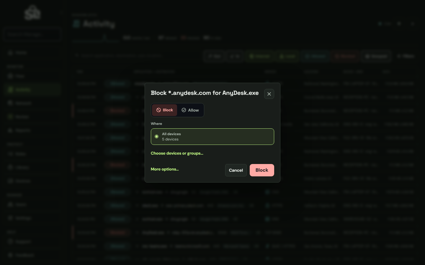 ShadowLatch Policies page with example data
