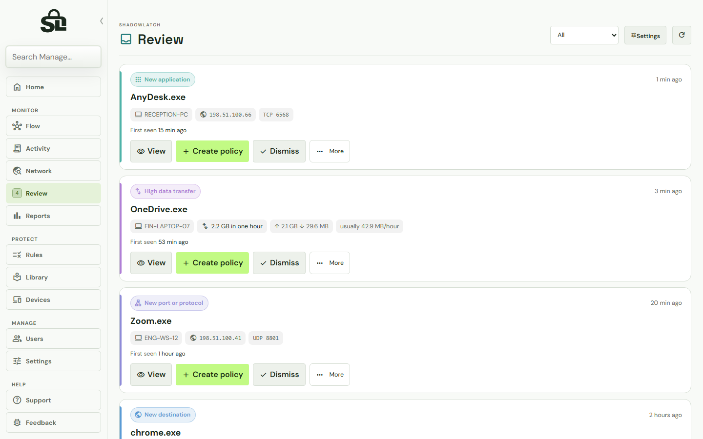 ShadowLatch Review page with example data
