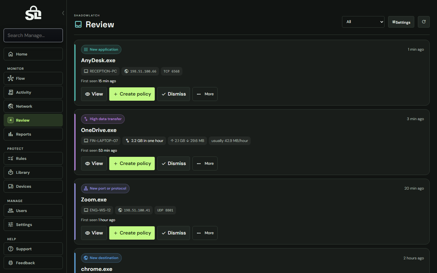 ShadowLatch Review page with example data