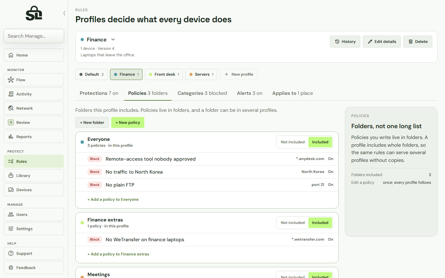 ShadowLatch Rules page with example data