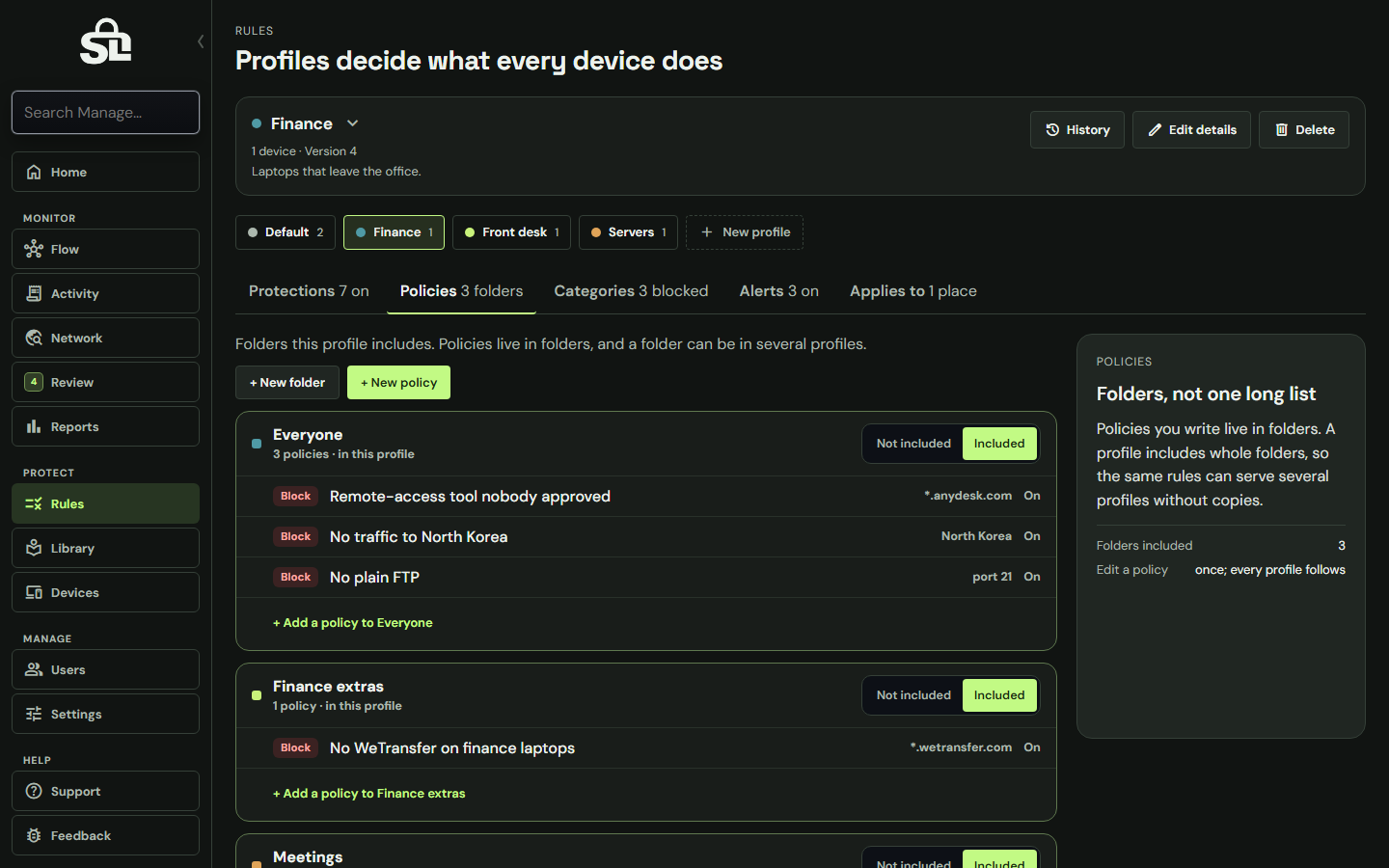ShadowLatch Rules page with example data