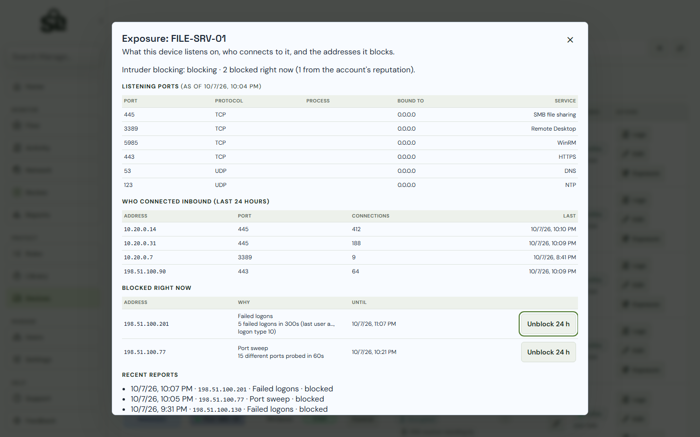 ShadowLatch Intruders page with example data