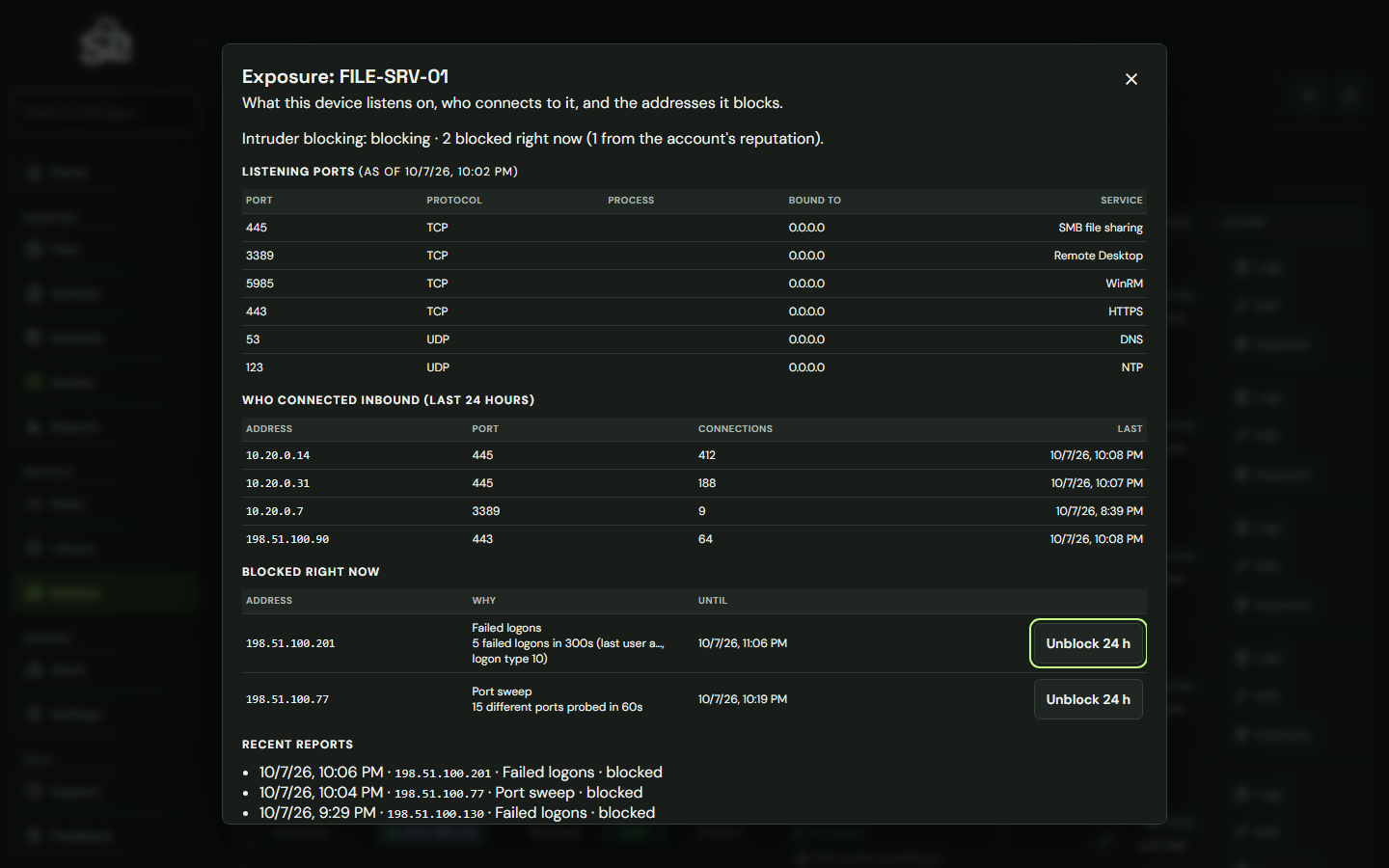 ShadowLatch Intruders page with example data